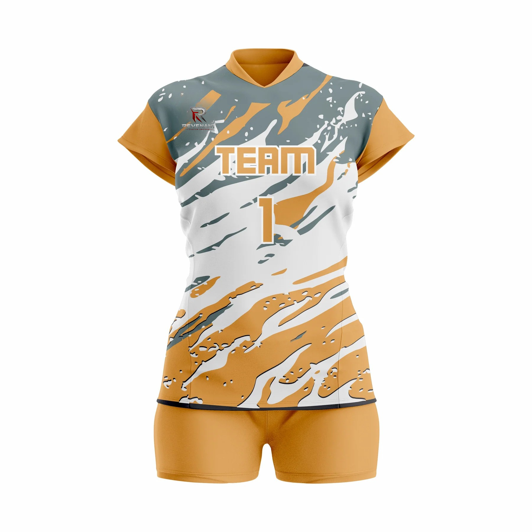 138 Custom Mustard gray white Women Volleyball Team Uniform - Image 1