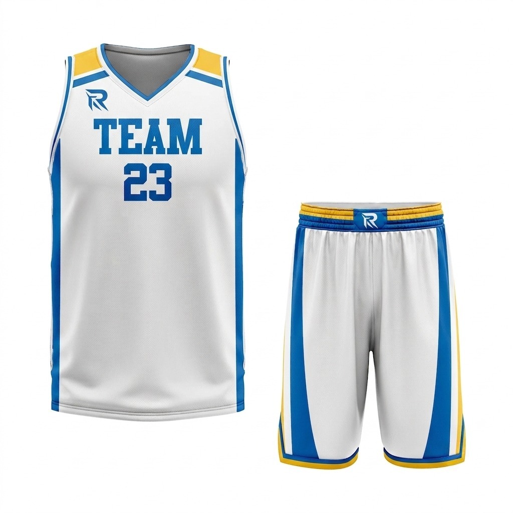 19 Custom White yellow- Blue Authentic Throwback Basketball Uniform - Image 1