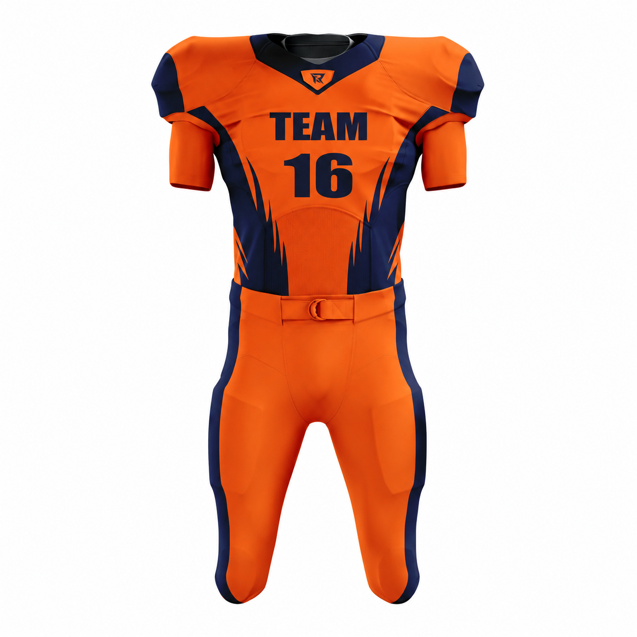 47 Custom Orange Navy Authentic Football Uniform (with Integrated Pads) - Image 1