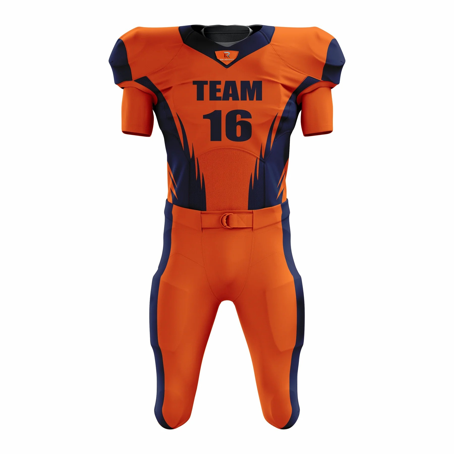 47 Custom Orange Navy Authentic Football Uniform (with Integrated Pads) - Image 1