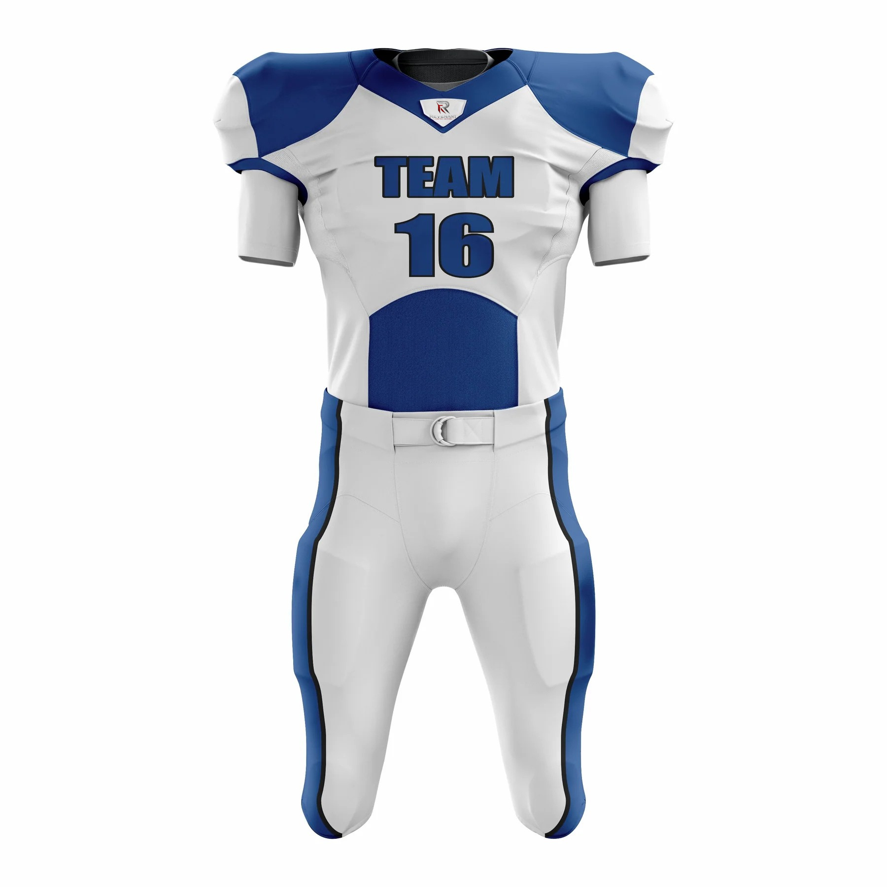 53 Custom white blue Authentic Football Uniform (with Integrated Pads) - Image 1