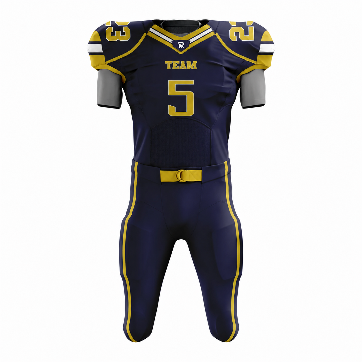 55 Custom Navy Blue yellow white Authentic Football Uniform (with Integrated Pads) - Image 1