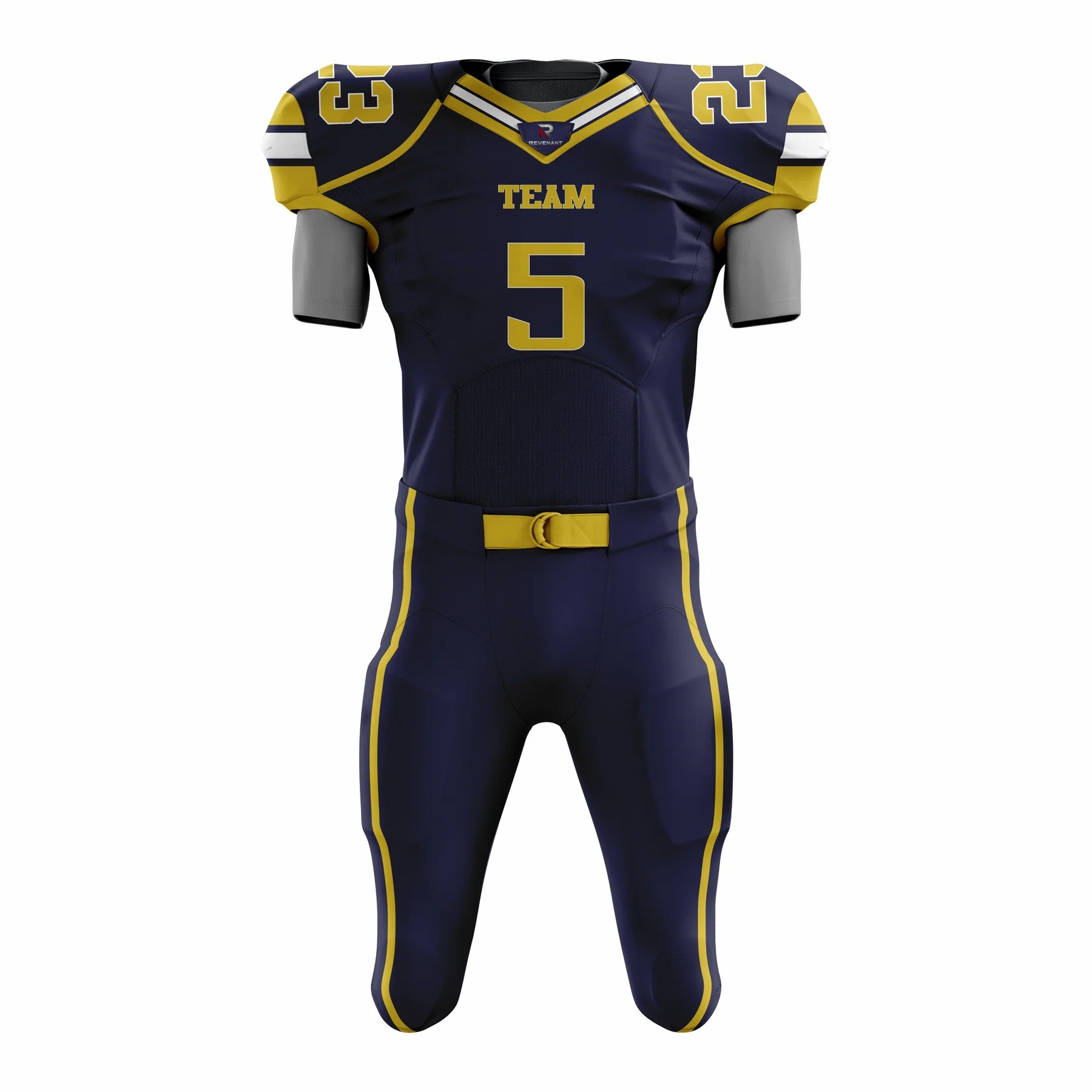 55 Custom Navy Blue yellow white Authentic Football Uniform (with Integrated Pads) - Image 1