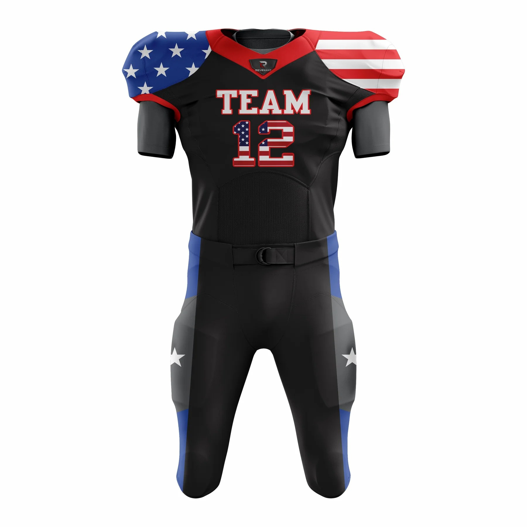 57 Custom Black USA Flag Authentic Football Uniform (with Integrated Pads) - Image 1