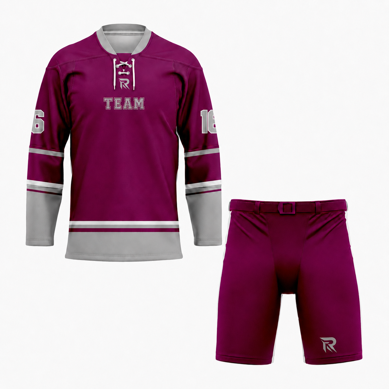61 Custom Maroon Gray Laced Hockey Uniform - Image 1