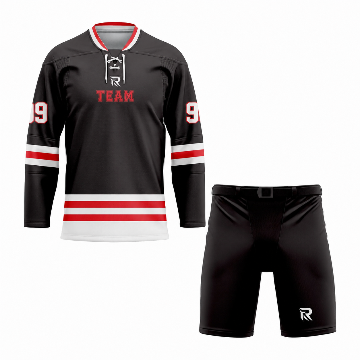 63 Custom Black Red white Laced Hockey Uniform - Image 1