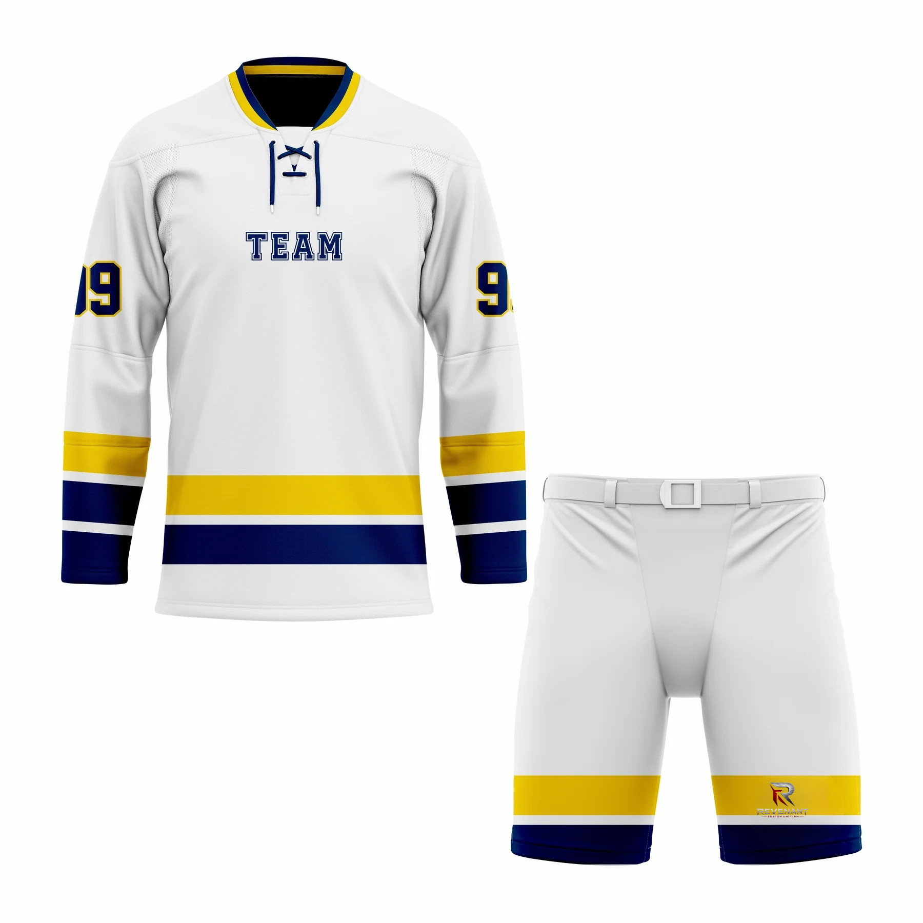 64 Custom White Yellow Navy Laced Hockey Uniform - Image 1