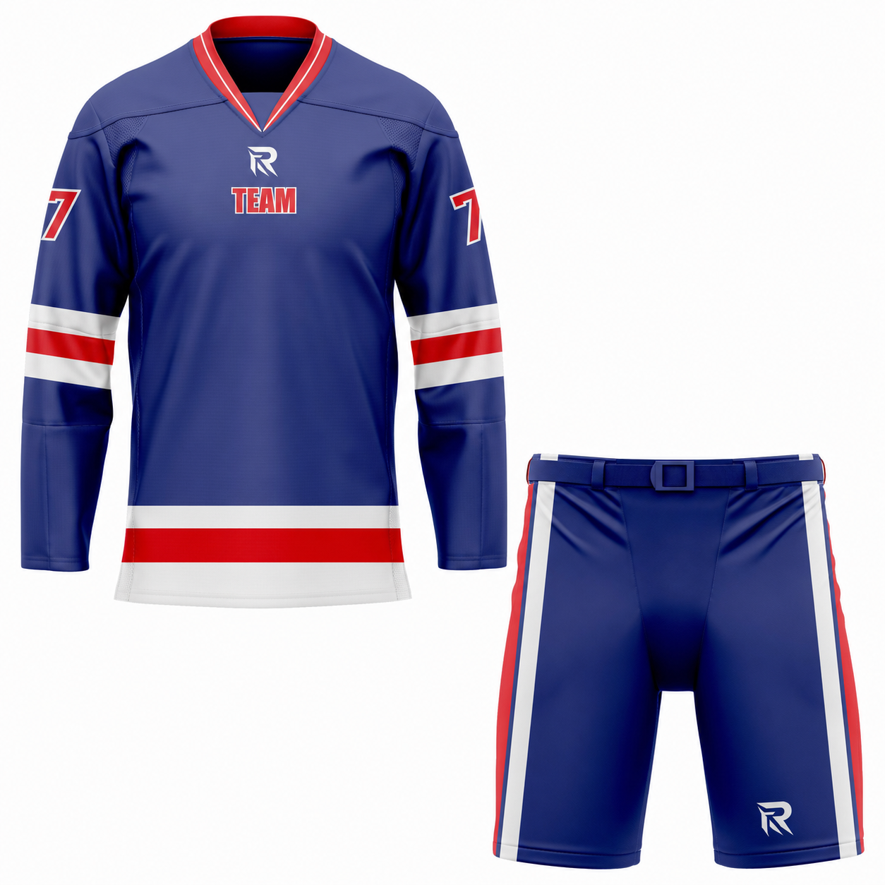69 Custom Blue white Red V-NECK Hockey Uniform - Image 1