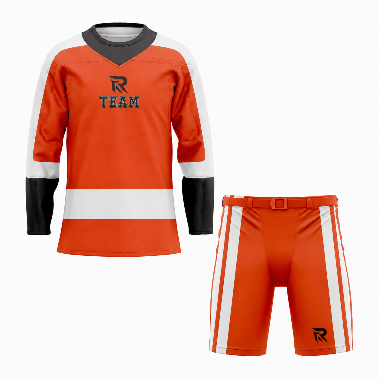 70 Custom Orange white Black CREW NECK Hockey Uniform - Image 1