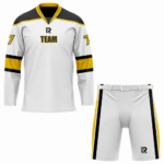 Custom White Yellow Navy Laced Hockey Uniform