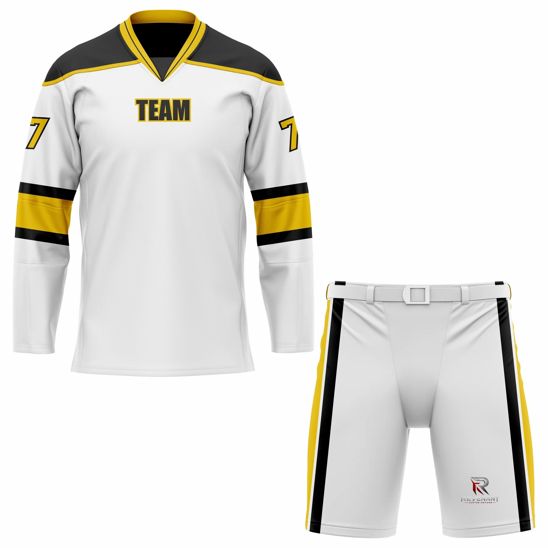 72 Custom white black yellow V-NECK Hockey Uniform - Image 1